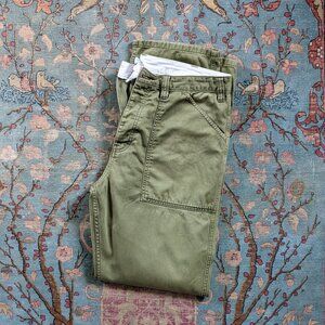 Broken-in Topo Designs military field camp pants fatigues olive green 36L 35/33